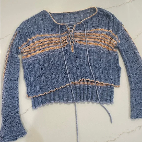 Knit Cropped Sweater with Lace-Up Front - Picture 1 of 4